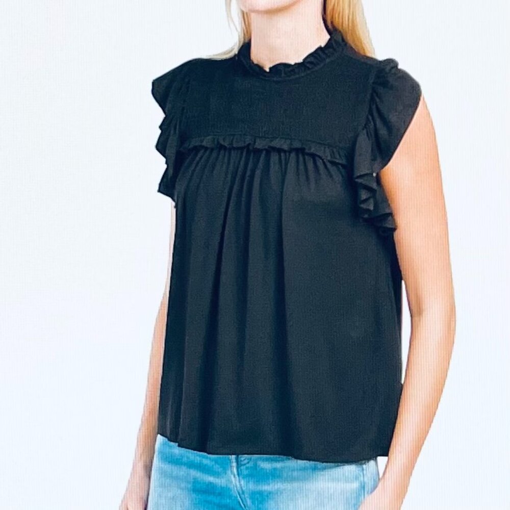 Cable & Gauge Black Short Sleeve Blouse with Frills & Smocking (L) New with Tag